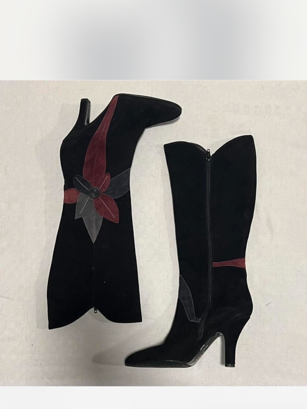 Black Suede Knee-High Heeled Boots with Red Accent